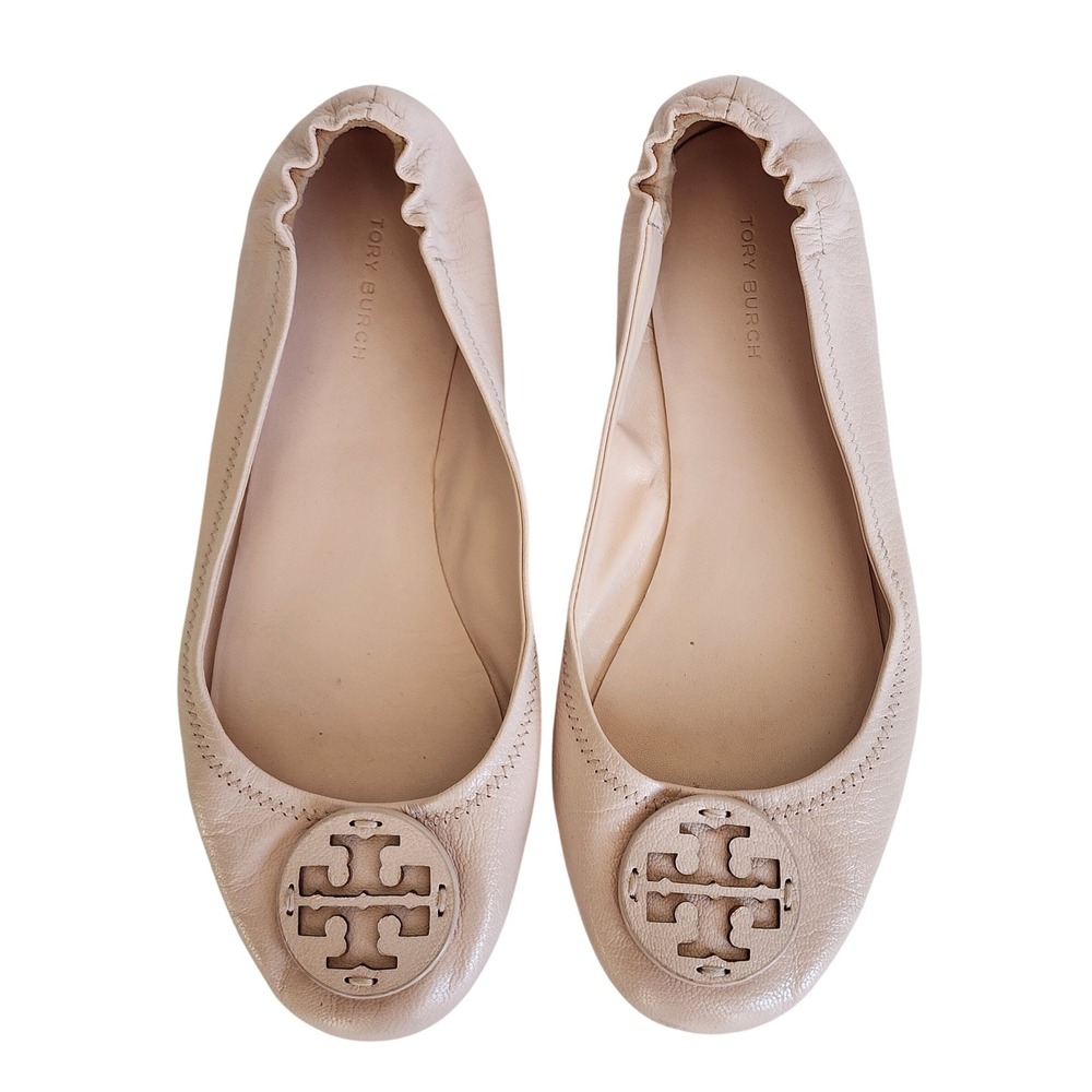 Tory Burch Minnie Travel Ballet Flats Blush Pink Leather Logo Size 7.5 M